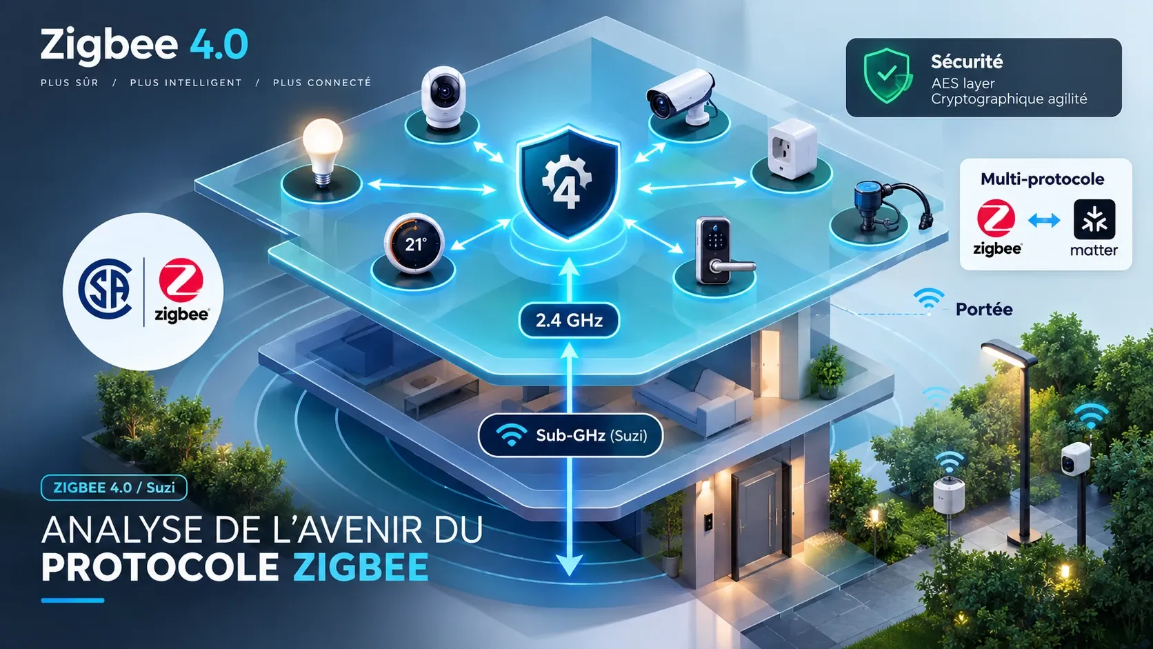 Infographie « Zigbee 4.0, plus sûr, plus intelligent, plus connecté » : une maison en coupe où la bande 2,4 GHz couvre l'étage et la bande sous-gigahertz (Suzi) descend vers le rez-de-chaussée et le jardin, avec des appareils connectés et les logos CSA, Zigbee et Matter.